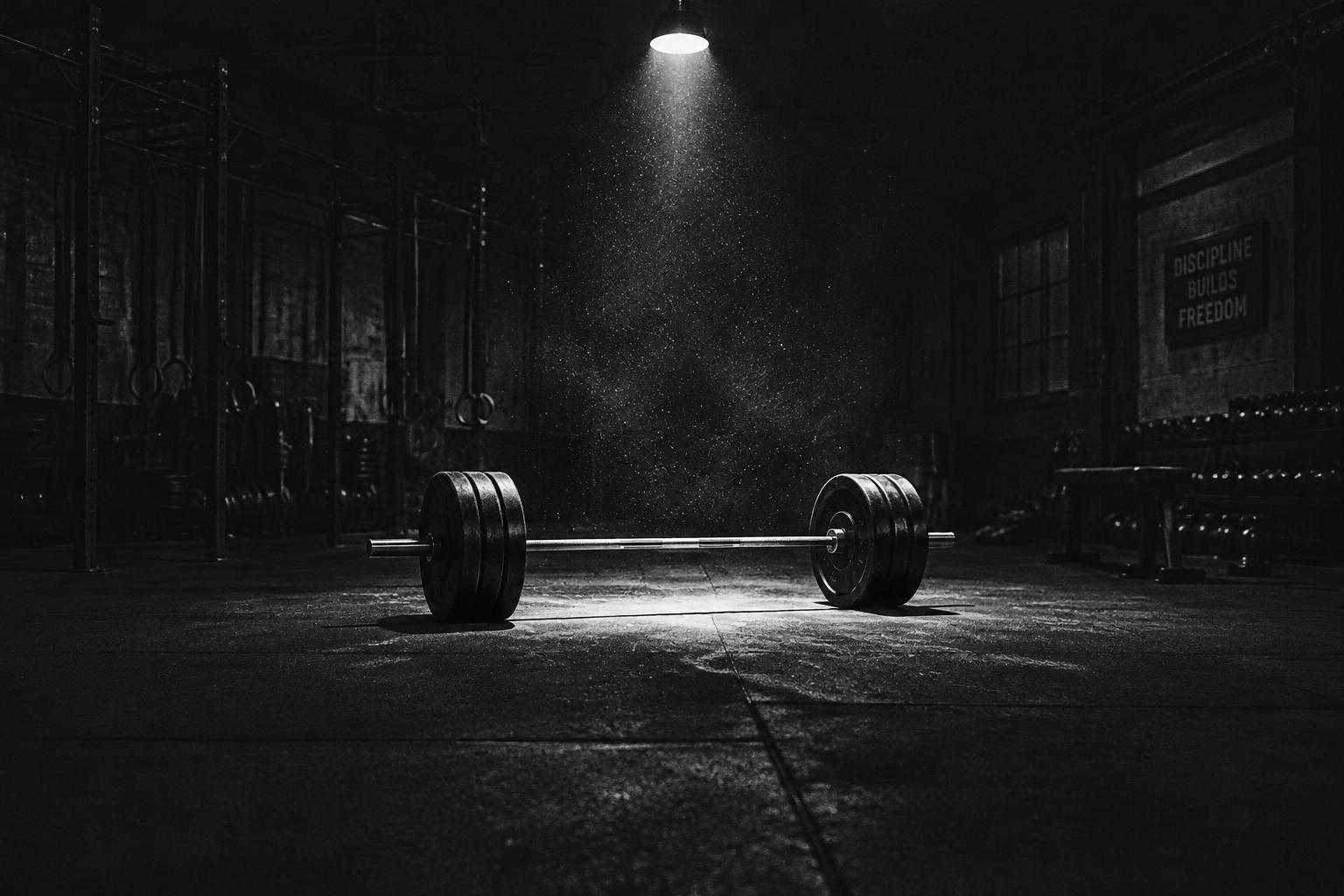 Barbell under a spotlight in an empty gym